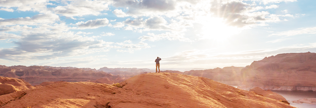 Silhouette of a man standing in middle of sunny landscape