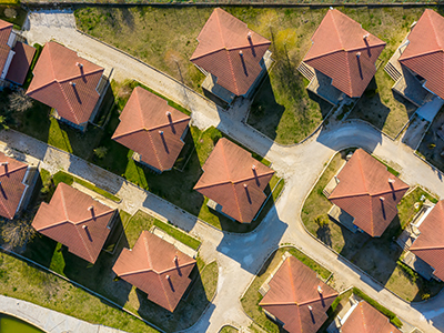 Aerial view of new family houses. Drone view of residential area.